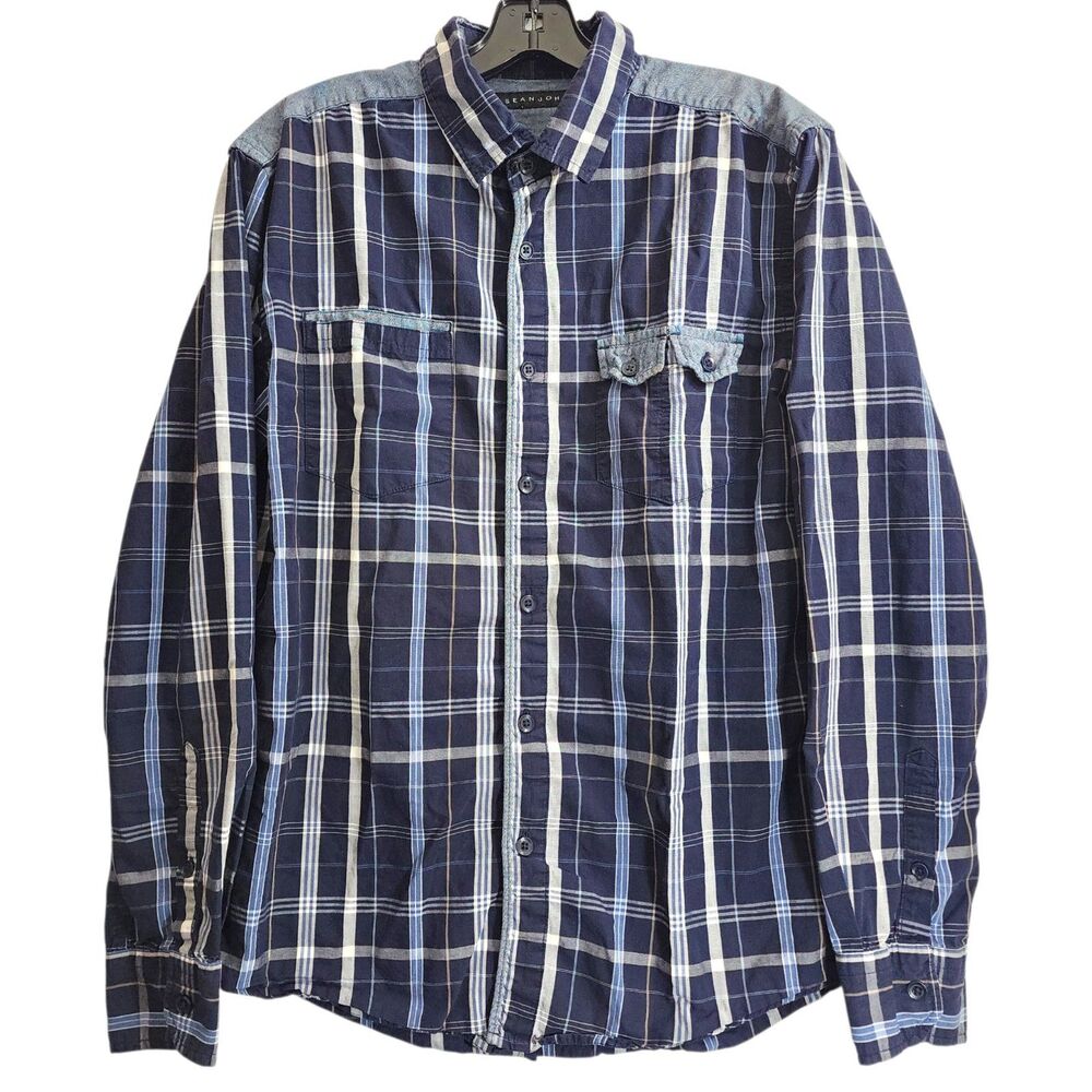 Vintage SEAN JOHN Shirt Mens Medium Blue Plaid TAILORED FIT Pockets Hip Hop Y2K